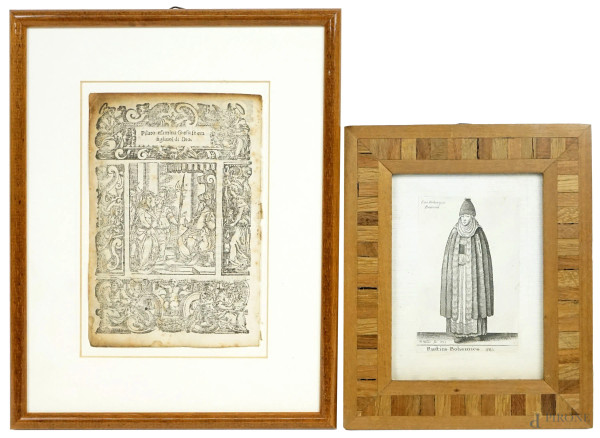 Lotto di due antiche incisioni raffiguranti "Pilato esamina Gesù se era Figliuol di Dio" e "Rustica Bohemica"da W. Hollar 1643, misure max cm 14,5x10, entro cornici, (difetti).