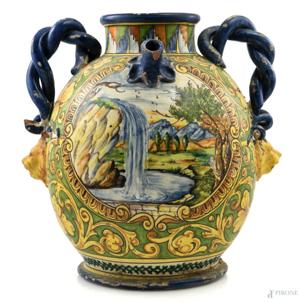 Orcio in maiolica dipinta e smaltata a doppia ansa serpentiforme, 2001, altezza cm 36, (segni di usura, sbeccature, cadute di smalto, rotture, mancanze, difetti)