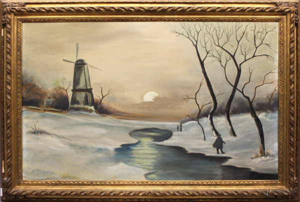 Paesaggio invernale, olio su tela, cm 75 x 120, entro cornice.