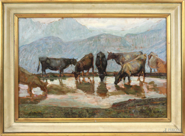 Paesaggio montano con armenti, olio su tavola, cm 35x50, firmato, entro cornice.