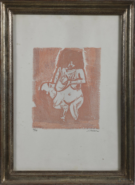 Mino Maccari (1898-1989), Nudo di donna, litografia es. 47/48, cm 48x34, firmato in basso a destra, entro cornice, (lievi tracce di umidità)