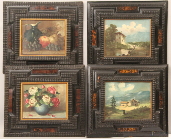 Lotto di due paesaggi e due nature morte ad olio su compensato, 25x30 cm, entro cornici siglati