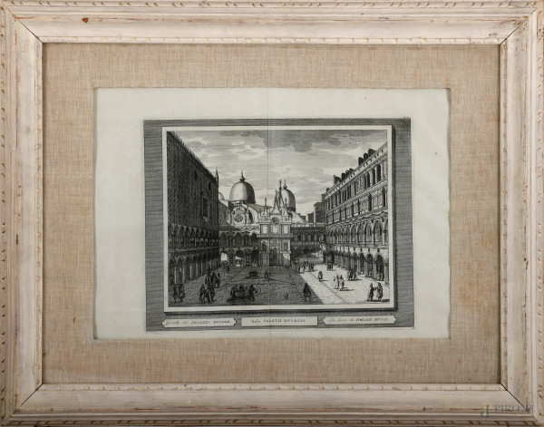 Peter Van der Aa (Mechelen , Belgio 1659 - Leida 1733), Aula Palatii Ducalis, acquaforte mm 280x353 entro cornice, (difetti)
