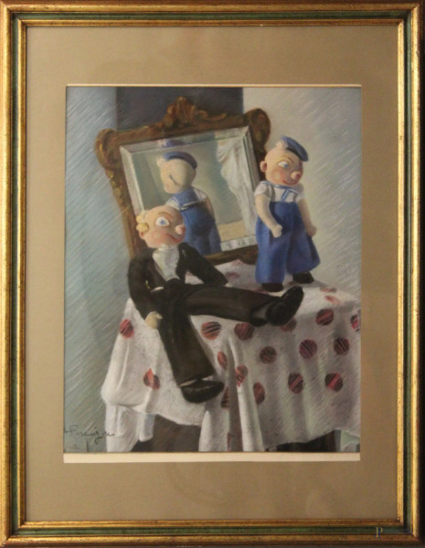Burattini,pastello su cartoncino 60x50 cm, entro cornice, firmato Parmigiani