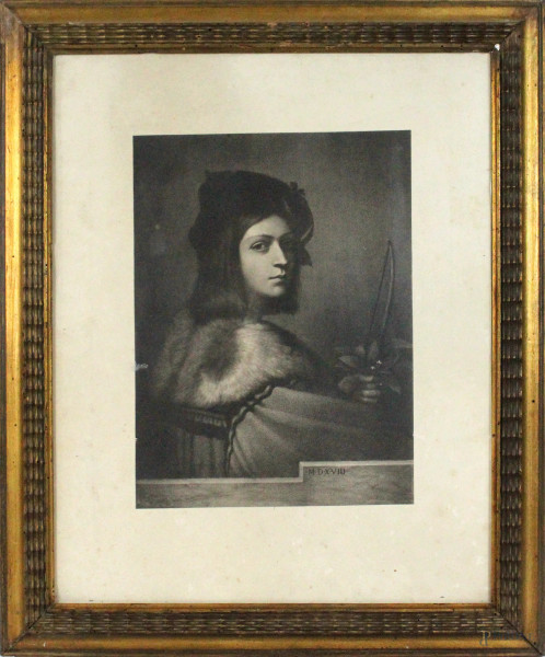 Ritratto di violinista, stampa da Sebastiano del Piombo, cm.49x39, XX secolo, entro cornice.