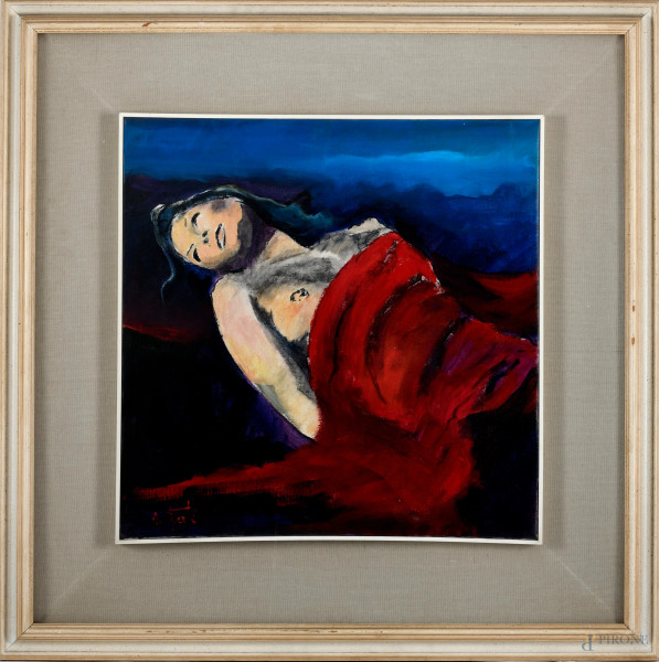 Nudo disteso, olio su tela, cm 50x50, firmato in basso a sinistra, entro cornice
