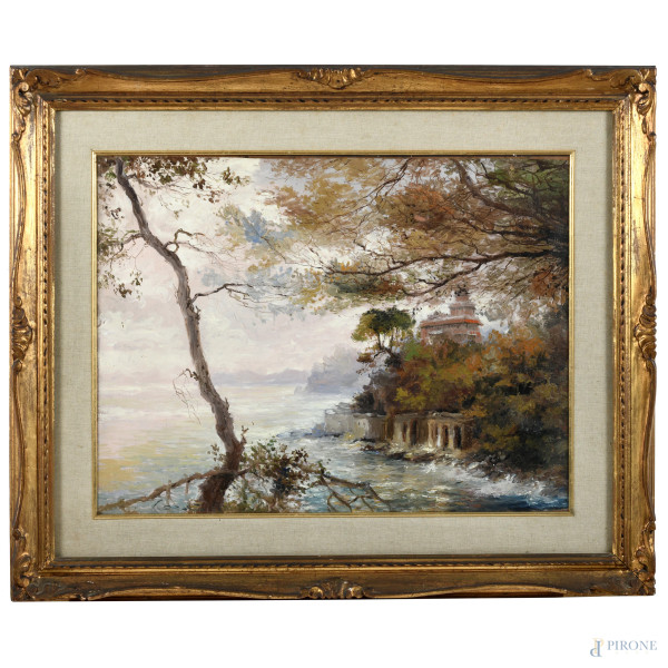 Villa sul mare, XX secolo, olio su tela, cm 47,5x63,5, firmato in basso a sinistra, entro cornice, (ondulazioni della tela)