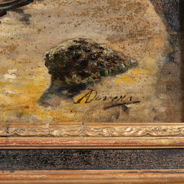 Scorcio di costa con imbarcazioni, XX secolo, olio su tela, cm 41x70, firmato in basso a destra, ...