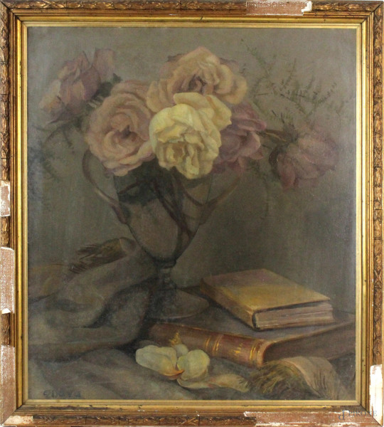 Natura morta-vaso con fiori e libri, olio su masonite, cm 50x43, firmato, entro cornice