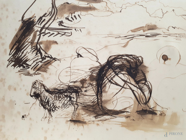 Piero Guccione (1935-2018) Composizione con figure sedute e capre, 1961, inchiostro bruno su cart...