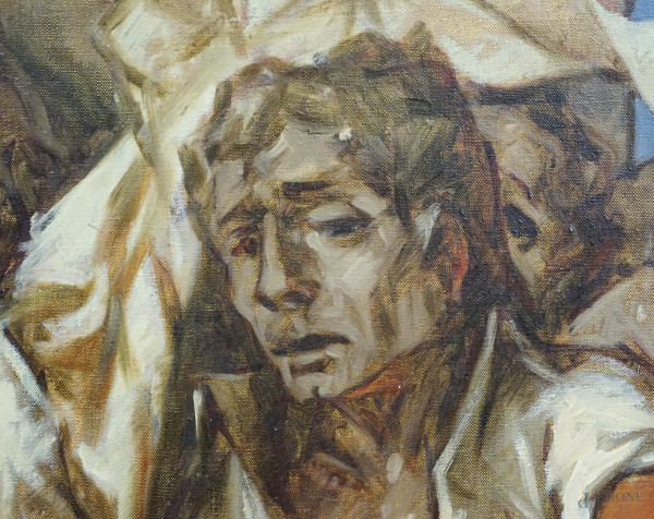 Operai, olio su tela, firmato e datato in alto a destra, cm 121.8x81.5