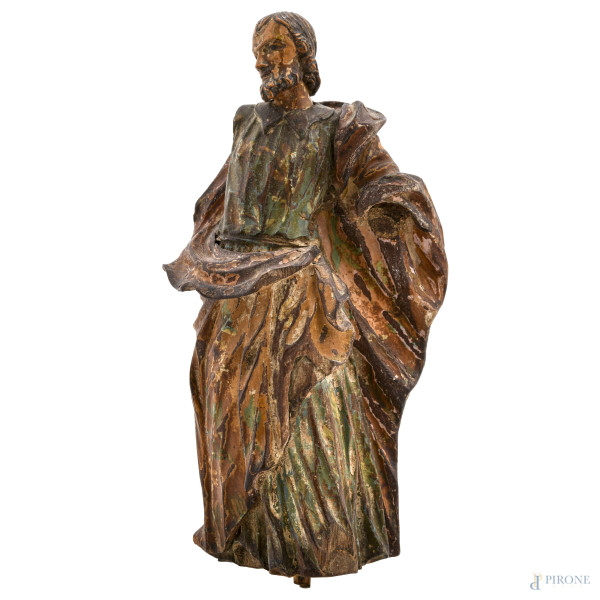San Giuseppe, XIX-XX secolo, scultura in legno dipinto, altezza cm 19, (segni di usura, scalfiture, perdita di colore, difetti)