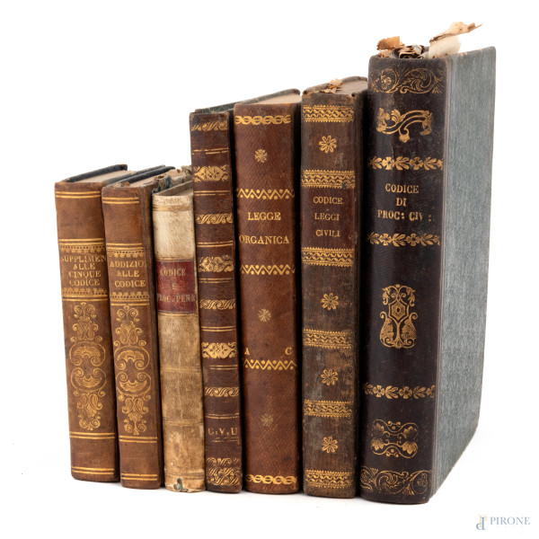 Lotto di 7 libri di argomento giuridico, XIX secolo, (Segni di usura, strappi, difetti)