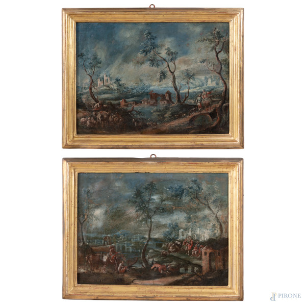 Coppia di dipinti raffiguranti scene campestri con cavalieri, XVIII secolo, olio su tela, cm 51x66,5, entro cornice, (abrasioni, graffi,restauri)