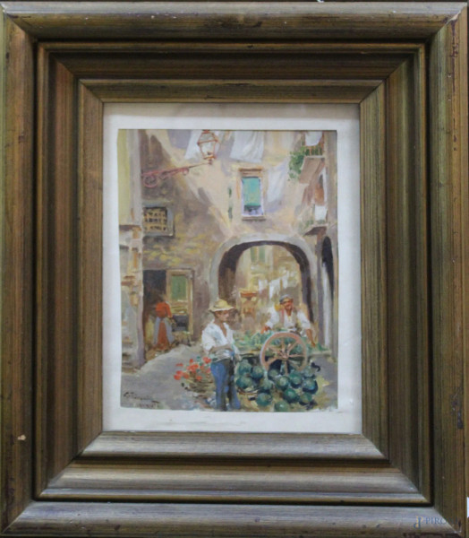 Scena di mercato con figure, olio su tavola 17x23 cm, entro cornice firmato.
