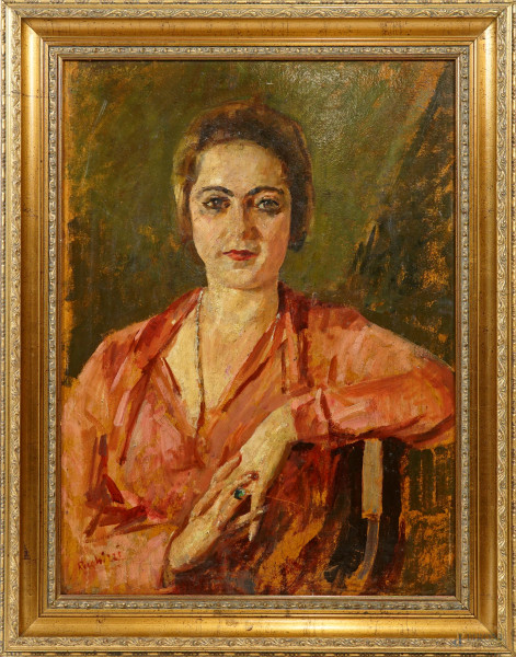 Ritratto di donna, olio su tela, cm 66x49,5,  firmato Ricchizzi, entro cornice