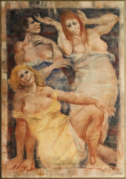 Remo Squillantini - Le tre grazie, olio su tela 70x100, autentica riportata dalla m.arte via del babuino 169 Roma cg - 245/92