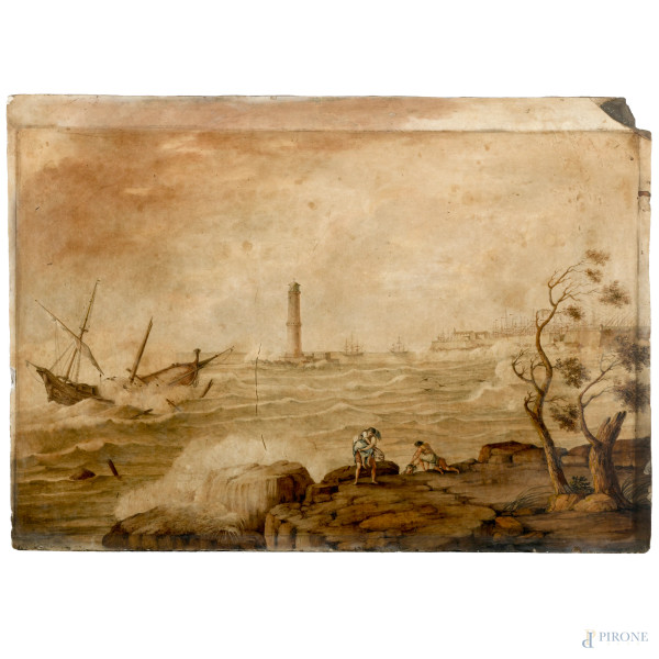 Pittore tedesco attivo in Italia nel XVIII secolo, Il naufragio, tecnica mista su ardesia, cm 56x...