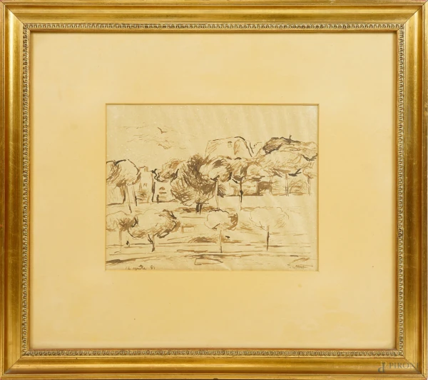 Paesaggio con alberi, china acquerellata su carta, firmato in basso a destra Tamburi, datato in basso a sinistra 12 aprile [19]54, misure comprese passepartout cm 40x46, entro cornice (difetti)