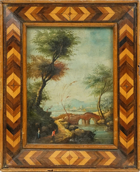 Miniatura raffigurante paesaggio, olio su rame, cm 14,5x11, firmata, in cornice.