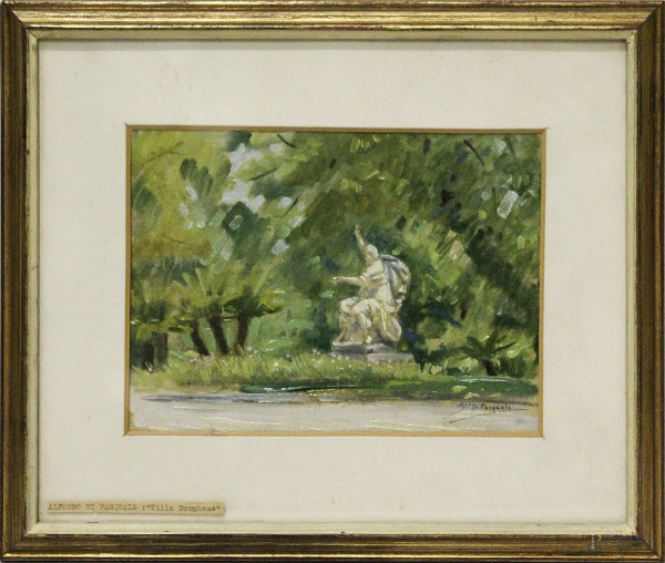 Alfonso Di Pasquale - Villa Borghese, olio su cartone telato, 18x23 cm, entro cornice.