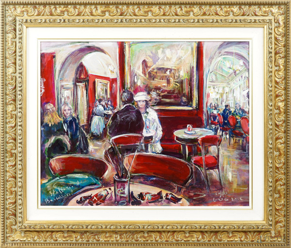 Stellario Baccellieri (1950), Caffè Greco, olio su cartone, firmato in basso a sinistra e titolato e datato "2002" in basso a destra, cm 39x50, entro cornice