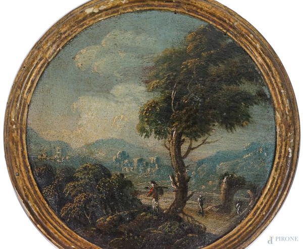 Sei piccoli dipinti tondi raffiguranti paesaggi, olio su tavola, XIX secolo, diametro tot. cm 18....
