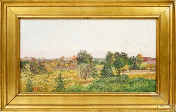 Paesaggio con casa ed alberi, olio su compensato, cm 33x59, firmato, entro cornice.