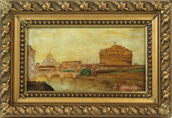 Scorcio su Castel Sant'Angelo e S.Pietro, olio su tavola, cm 12x23, firmato, entro cornice