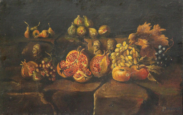 Natura morta con melograni e busti d'Imperatori, olio su tela, 56x86 cm, scuola napoletana del XVIII° sec.