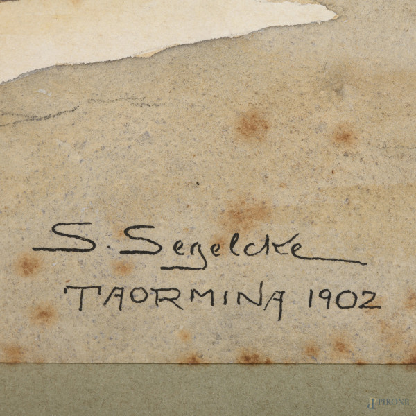 Taormina, XX secolo, tecnica mista su carta, cm 30x40 compreso passepartout, firmato e datato "Ta...