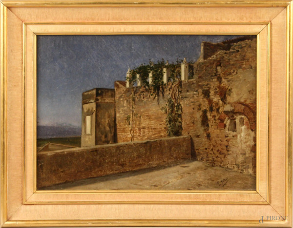 Veduta di castello, olio su tela riportata su cartone 34x37 cm, firmato, entro cornice.