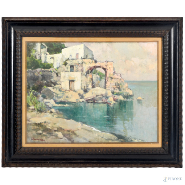 Arturo Terracina, (1882 - 1951), Marina, olio su compensato, cm 29x38, firmato in basso a sinsitra, entro cornice