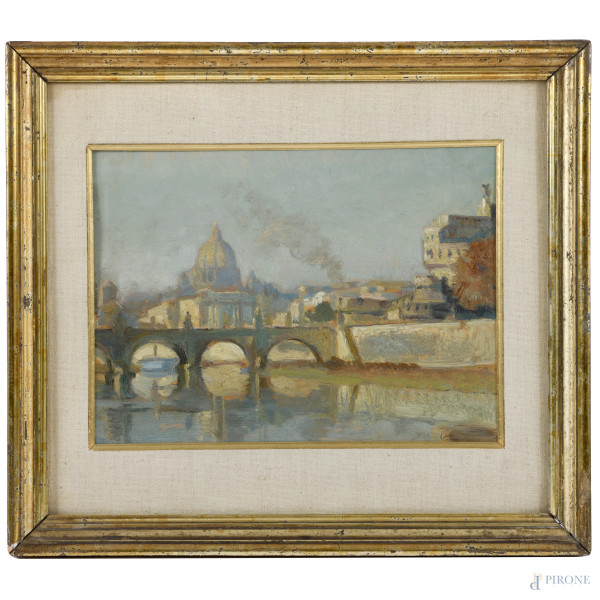 San Pietro dal Tevere, XX secolo, olio su compensato, cm 24,5x33,5, entro cornice, (supporto imbarcato)