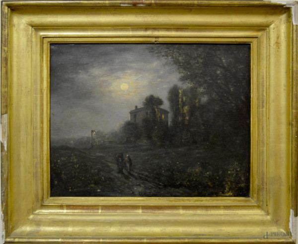 Notturno, olio su tela 39x31 cm entro cornice, XIX sec°.