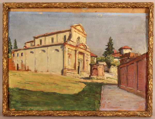 Paesaggio con chiesa, olio su tavola, cm. 24x33, firmato A. Abrate, entro cornice.