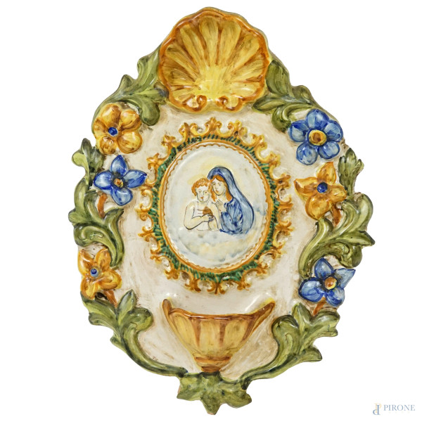 Acquasantiera in ceramica Castelli, Sergio Censasorte, XX secolo