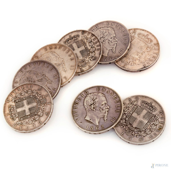 8 monete da 5 Lire Vittorio Emanuele II in argento, anni 1862,'71,'73, '74, '75, '76, peso totale gr. 199, (difetti)