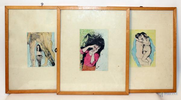Anna Salvatore, lotto composto da tre disegni a soggetto di donne, cm 19x13.
