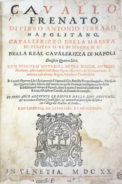 Cavallo frenato di Pirro Antonio Ferraro napolitano cavallerizzo della Maestà Filippo II Re di Spagna, Venezia, MDCXX, (difetti, macchie e pagine recise).