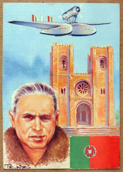Aeropittore del Novecento, aeropittura con idrovolante Savoia Marchetti in volo, tempera su carta, cm 9x13, firmato