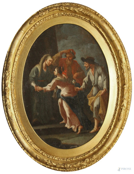Pittore del XVIII secolo, Scena biblica, olio su tela ad assetto ovale, cm 42 x 30, entro cornice.