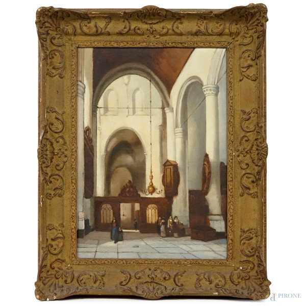 Interno di cattedrale, olio su tela, cm 70,5x50, firmato, in cornice.