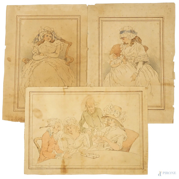 Giocatori di carte, Donna in poltrona e Donna con bambino, tre disegni a tecnica mista su carta, cm 28,5x40,5, a firma Thomas Rowlandson (1756-1827), (difetti e macchie).