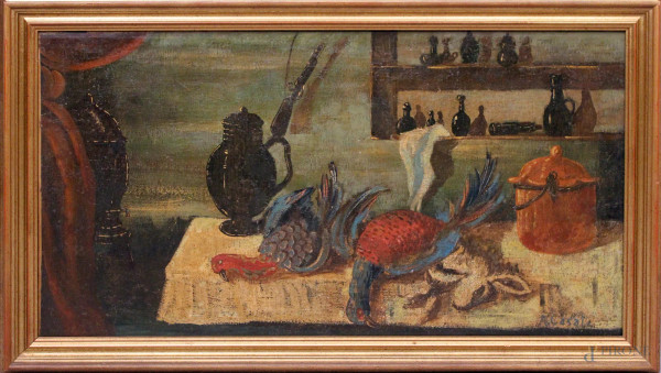 Natura morta con cacciagione e vasellame, olio su tela, cm 50x89, firmato A. Casale, entro cornice.