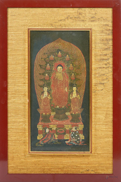 Buddha tra due bodhisattva e due committenti, Arte orientale, XIX-XX secolo, tempera su carta, cm 35x17, entro cornice