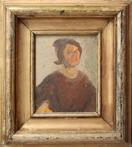 Ritratto di donna, olio su cartone, cm 17 x 12, entro cornice.