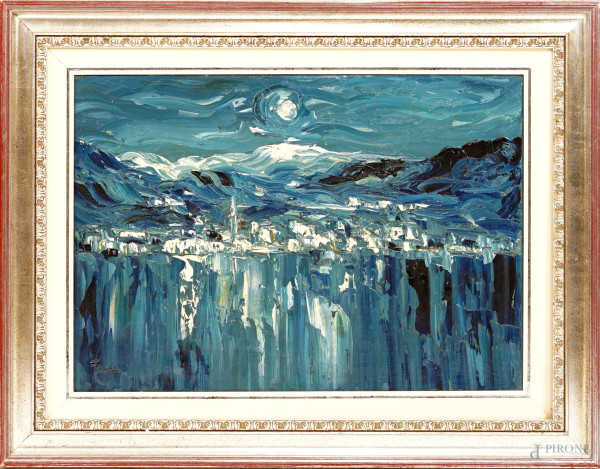 Notturno sul lago Maggiore, olio su tela, firmato in basso a sinistra, cm 50x70, entro cornice