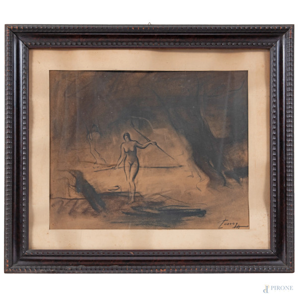 Marcello Coccon Saba, Nudo, XIX-XX secolo, carboncino su carta, cm 41,5x52,5, firmato in basso a destra, entro cornice, (ondulazione del supporto)