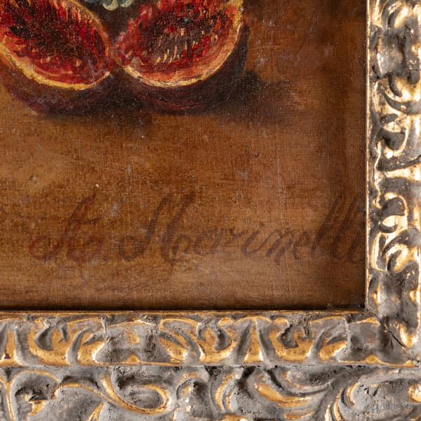 Natura morta di fiori e frutta, XX secolo, olio su tela, cm 50x70, firmato in basso a destra, ent...